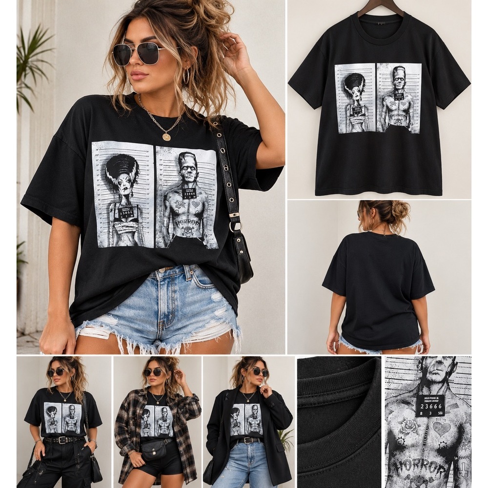 Frankenstein Bride Mugshot Graphic T-Shirt Black Oversized Horror Streetwear